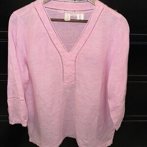 Joie Women's Pink Linen Pick Ladder Lace Popover‎ Pink Blouse Large 3/4 Sleeve